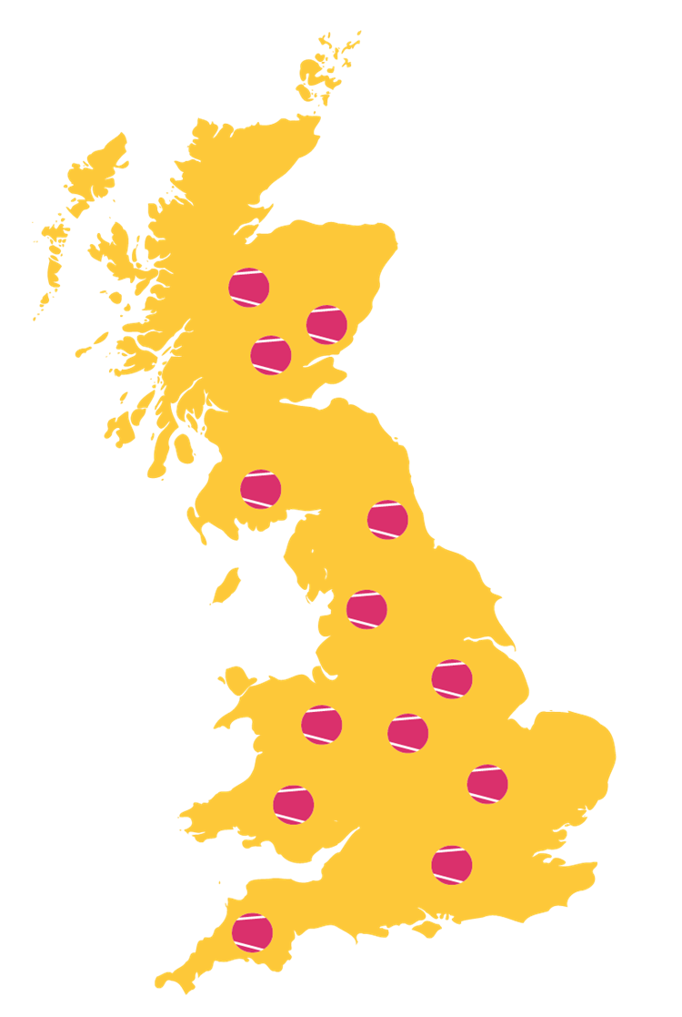 A yellow map of the British Isles with pink tennis ball pins spread across it