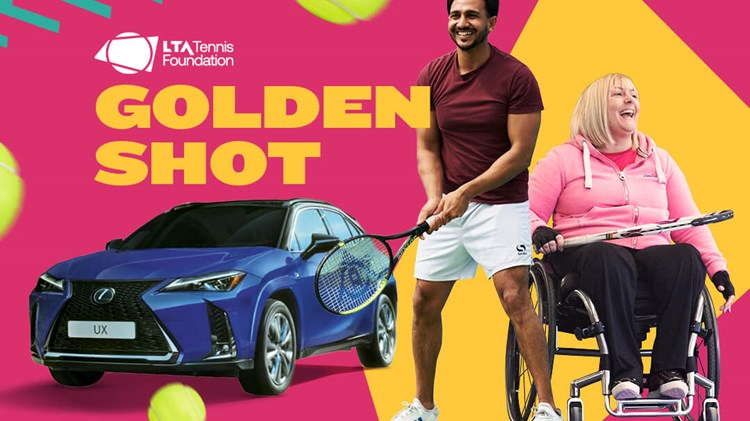 A promotional image for the 2025 Golden Shot initiative, featuring a car and players with their tennis rackets