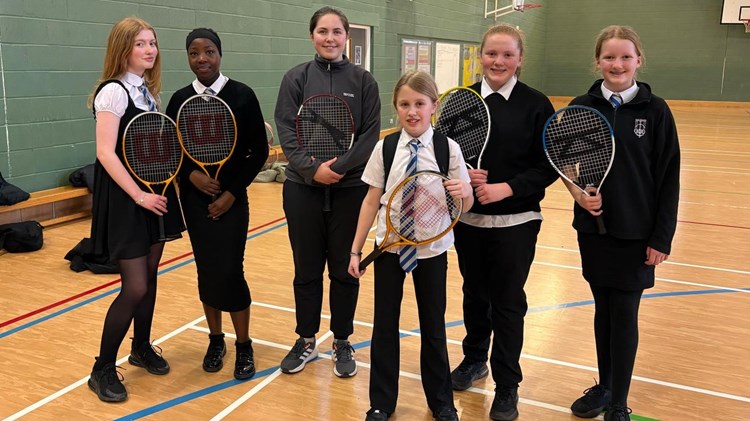 School students in Bishopton posing with their tennis rackets