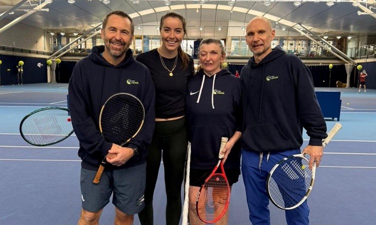 Four people, including Jodie Burrage and Tracy Compton on court and the National Tennis Centre 