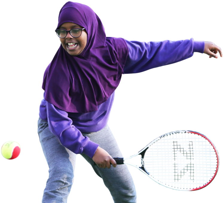 A cut out image of a young girl wearing a Hijab about to hit a tennis ball with a racket