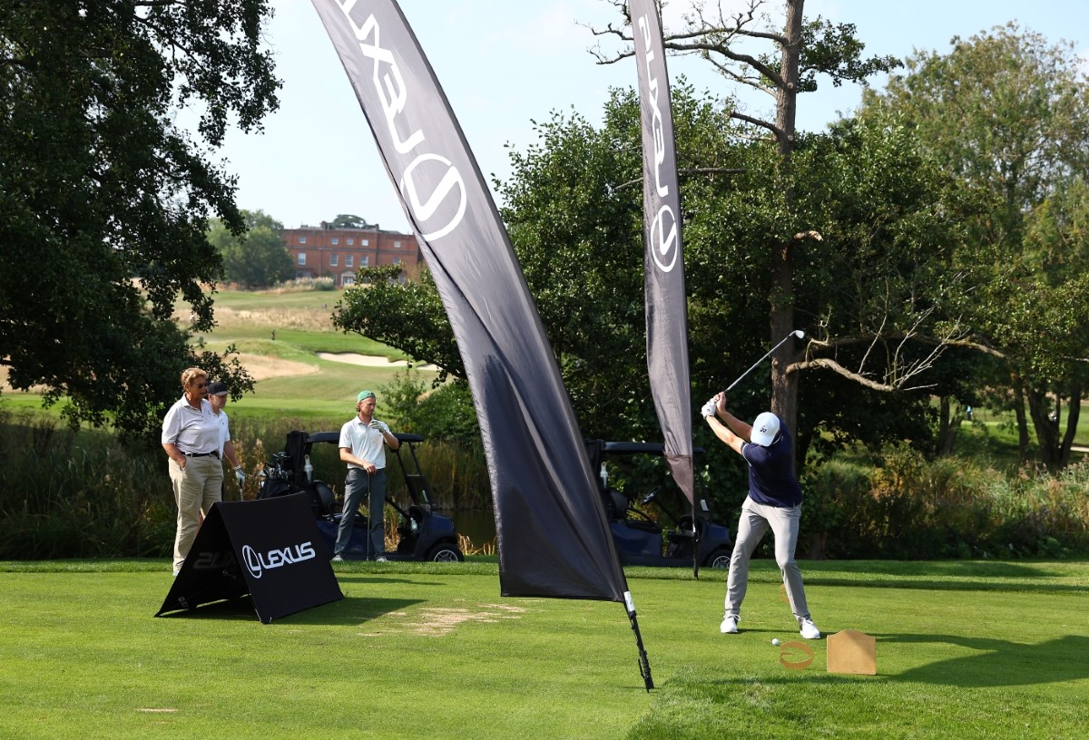 Billy Harris teeing off at Lexus hole LTA Tennis Foundation Golf Day