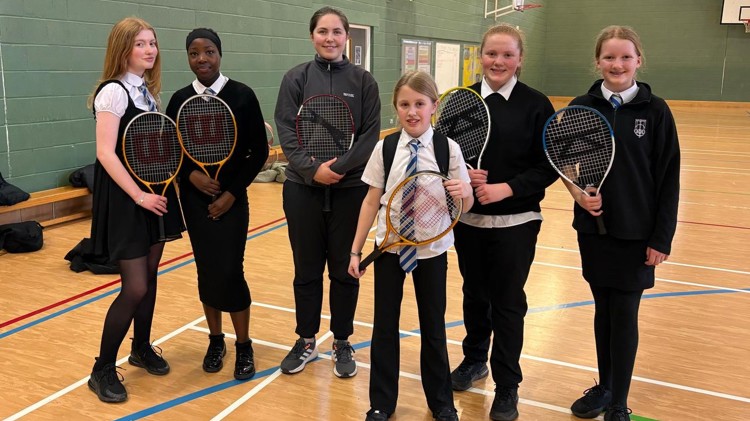 School students in Bishopton posing with their tennis rackets