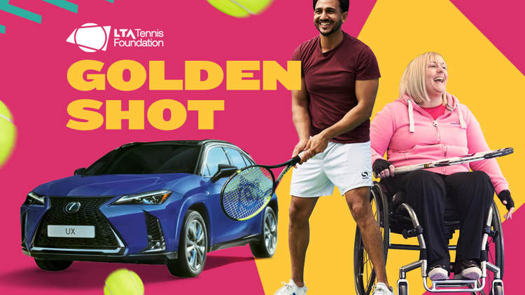 A promotional image for the 2025 Golden Shot initiative, featuring a car and players with their tennis rackets