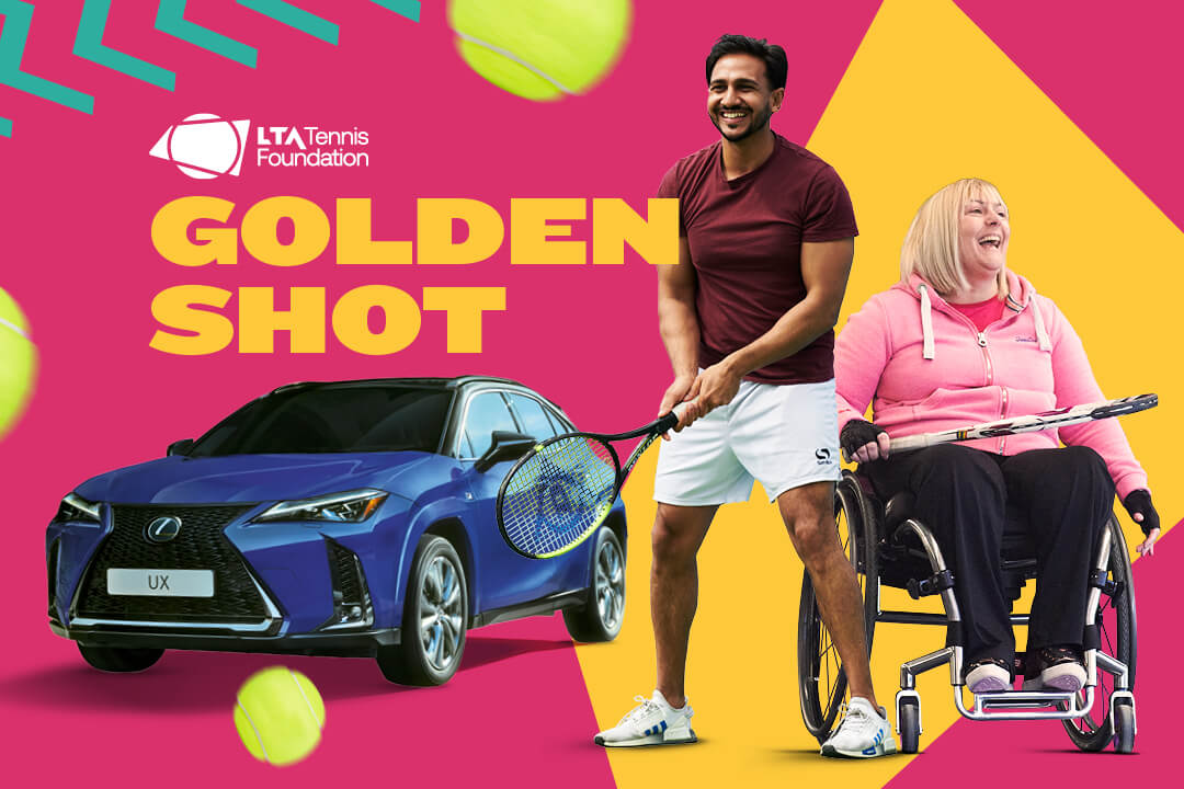 A promotional image for the 2025 Golden Shot initiative, featuring a car and players with their tennis rackets