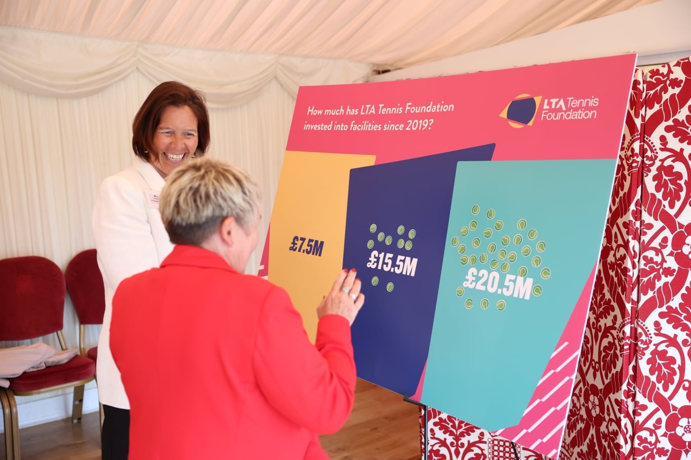 Reception attendees looking at the LTA TF's investment figures