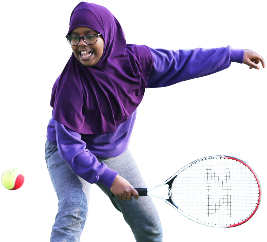 A cut out image of a young girl wearing a Hijab about to hit a tennis ball with a racket