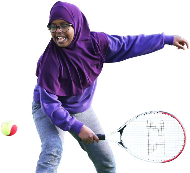 A cut out image of a young girl wearing a Hijab about to hit a tennis ball with a racket