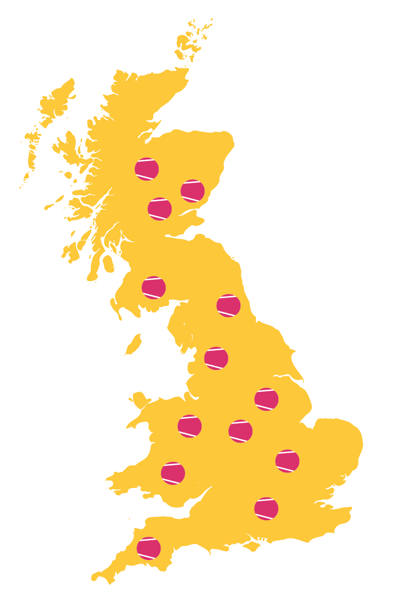 A yellow map of the British Isles with pink tennis ball pins spread across it