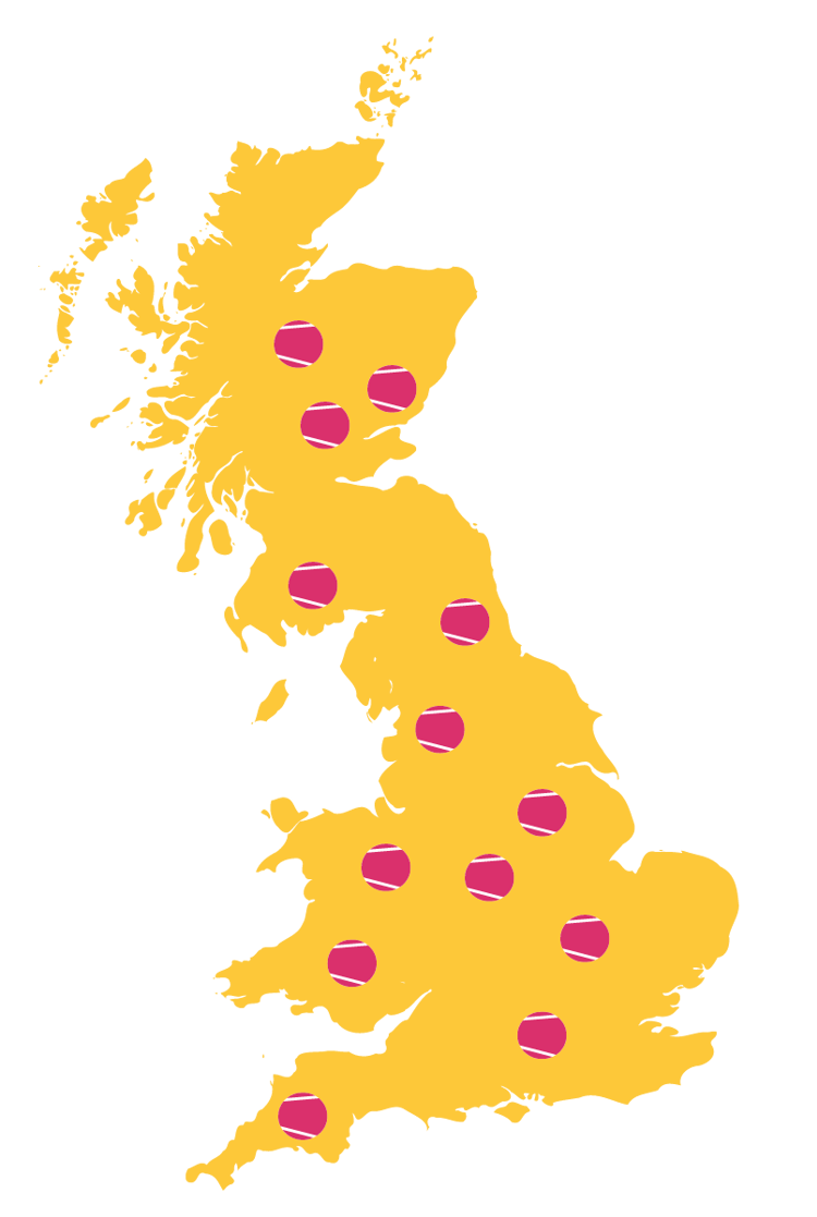 A yellow map of the British Isles with pink tennis ball pins spread across it